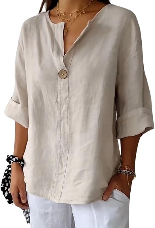 DMOYALA Women's Linen V-Neck 3/4 Sleeve Top