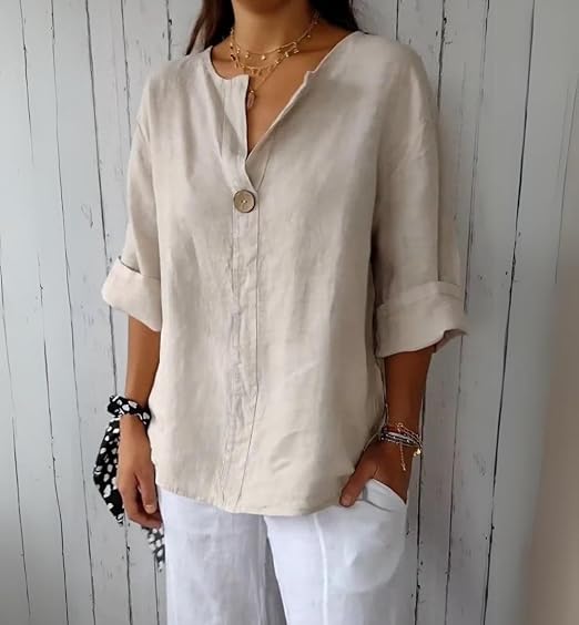 DMOYALA Women's Linen V-Neck 3/4 Sleeve Top