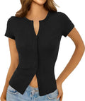 Women's Short Sleeve Ribbed Button-Down Top