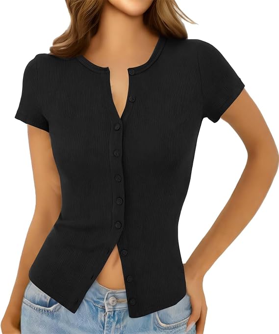 Women's Short Sleeve Ribbed Button-Down Top