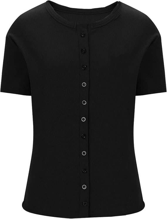 Women's Short Sleeve Ribbed Button-Down Top