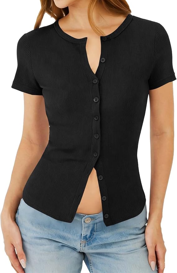 Women's Short Sleeve Ribbed Button-Down Top