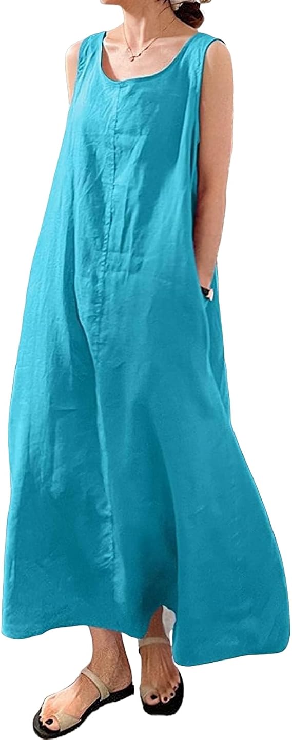Women's Cotton Linen Sleeveless Midi Dress