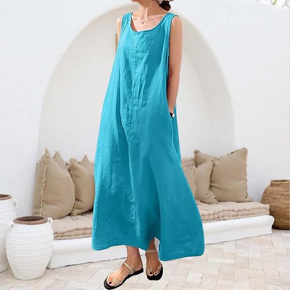 Women's Cotton Linen Sleeveless Midi Dress