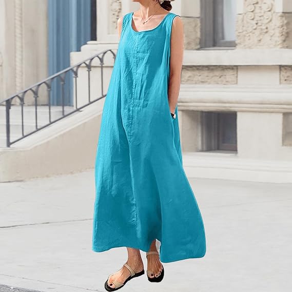 Women's Cotton Linen Sleeveless Midi Dress