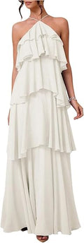 OYOANGLE Women's Ruffle Tiered Halter Maxi Dress