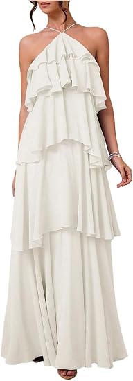 OYOANGLE Women's Ruffle Tiered Halter Maxi Dress