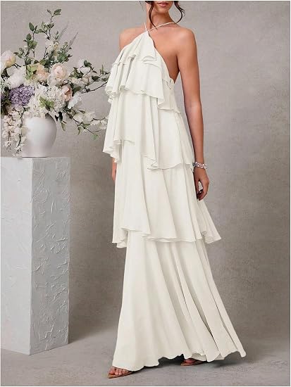 OYOANGLE Women's Ruffle Tiered Halter Maxi Dress