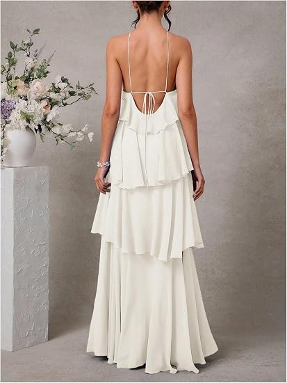 OYOANGLE Women's Ruffle Tiered Halter Maxi Dress